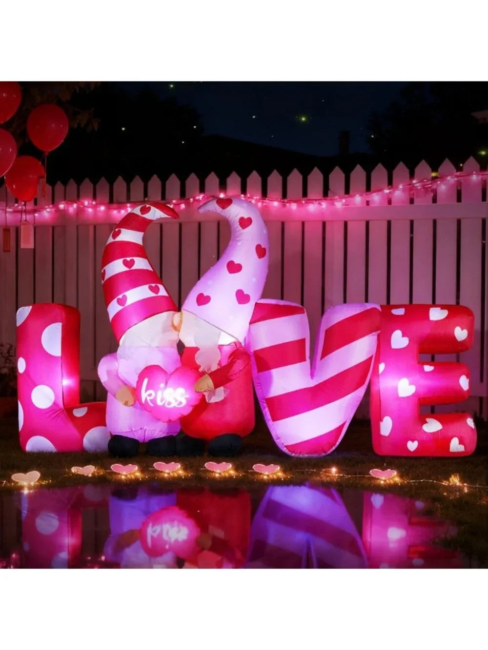 8ft Love Inflatable with Kissing Gnomes, LED Lights for Valentine's Day Decor